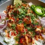 Sweet Chili Chicken Bowl showcasing chicken, vegetables, and spicy sauce.