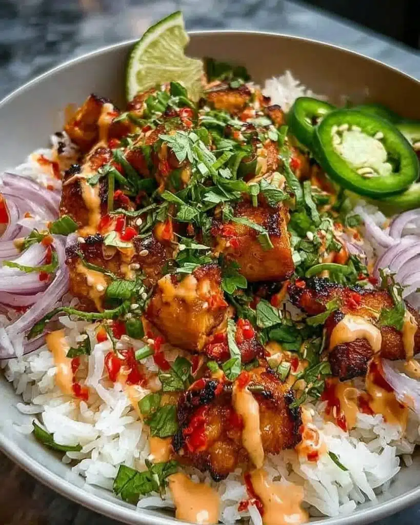 Sweet Chili Chicken Bowl showcasing chicken, vegetables, and spicy sauce.
