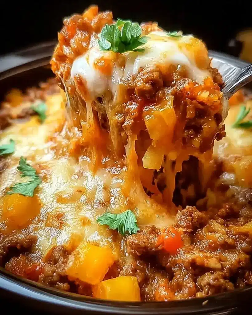 Delicious Taco Hashbrown Casserole in a Crock Pot, ready to serve.