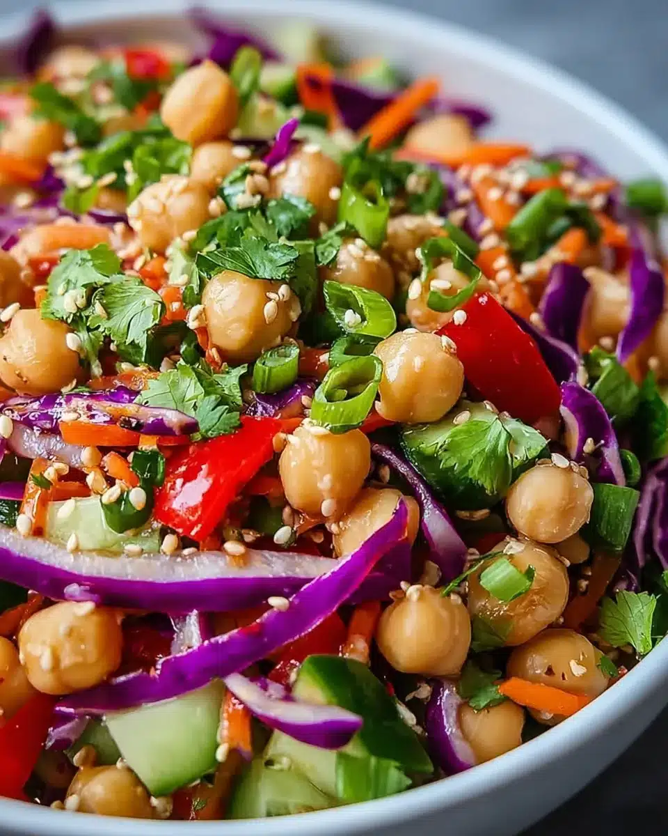 Bowl of colorful Thai Chickpea Salad with fresh vegetables and herbs