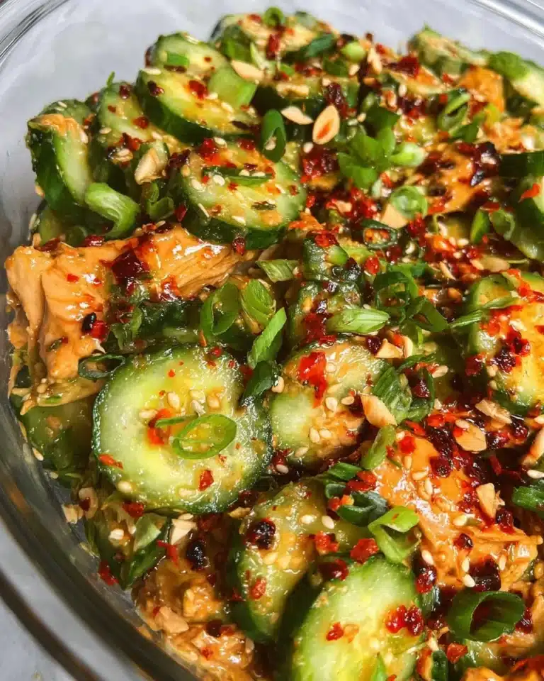 Delicious Thai cucumber salad with chicken, fresh vegetables, and vibrant flavors.
