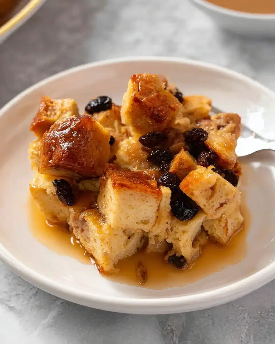 Traditional Irish bread pudding served warm with a drizzle of sauce
