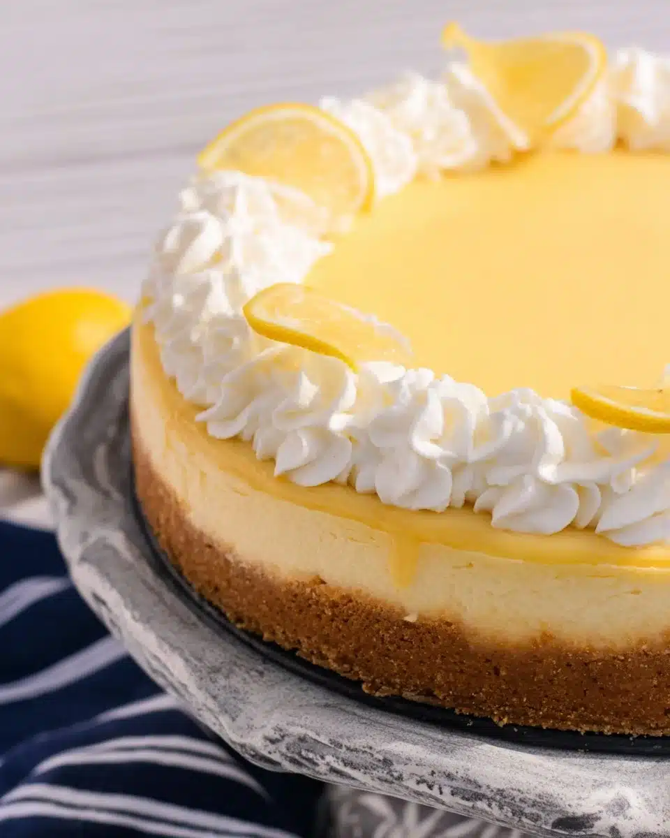 Slice of Triple Lemon Cheesecake garnished with lemon zest