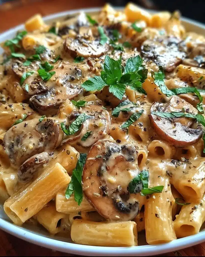 Delicious Tuscan Mushroom Pasta Skillet topped with fresh herbs and Parmesan.