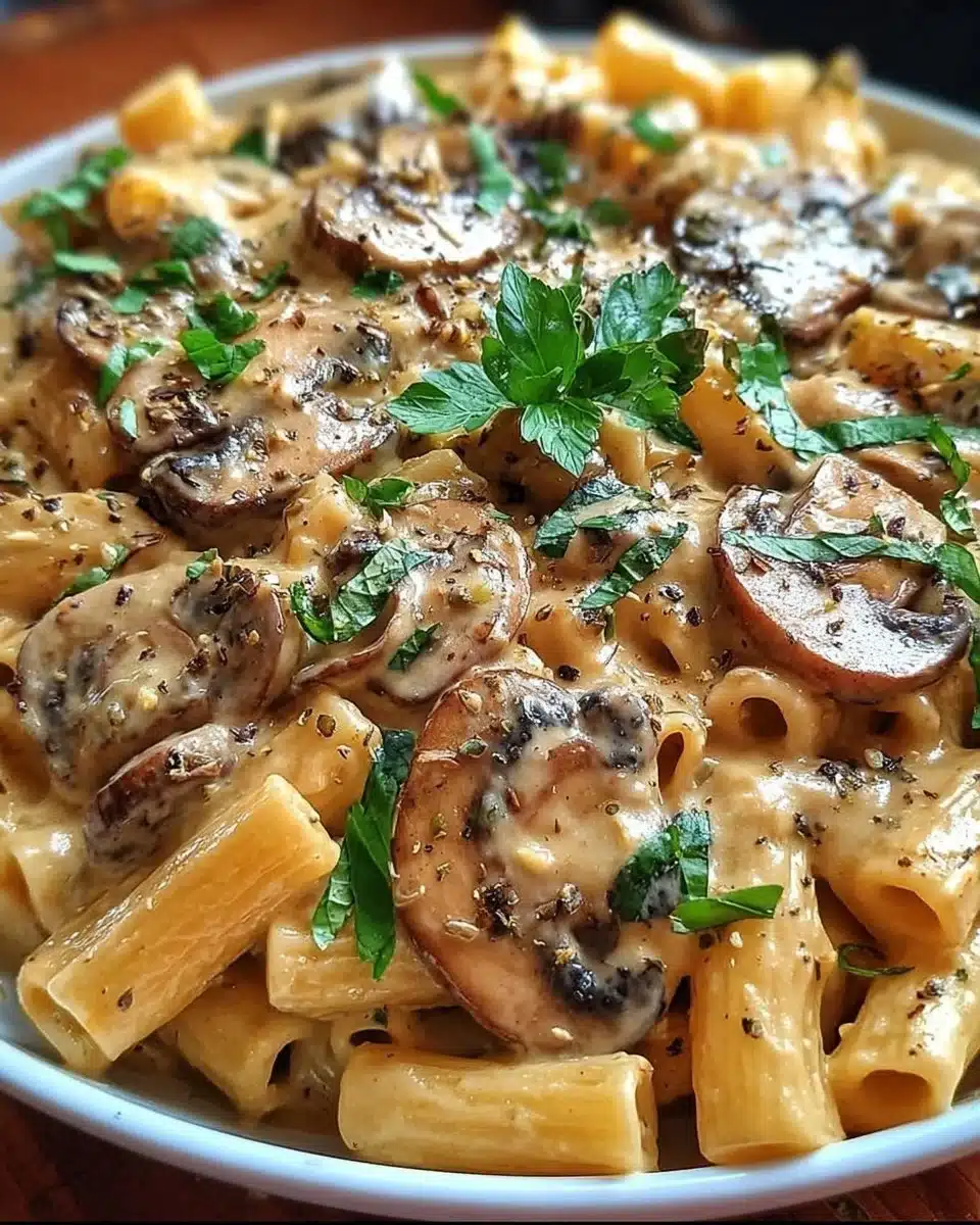 Delicious Tuscan Mushroom Pasta Skillet topped with fresh herbs and Parmesan.