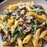 Delicious Tuscan Mushroom Pasta Skillet served in a rustic pan