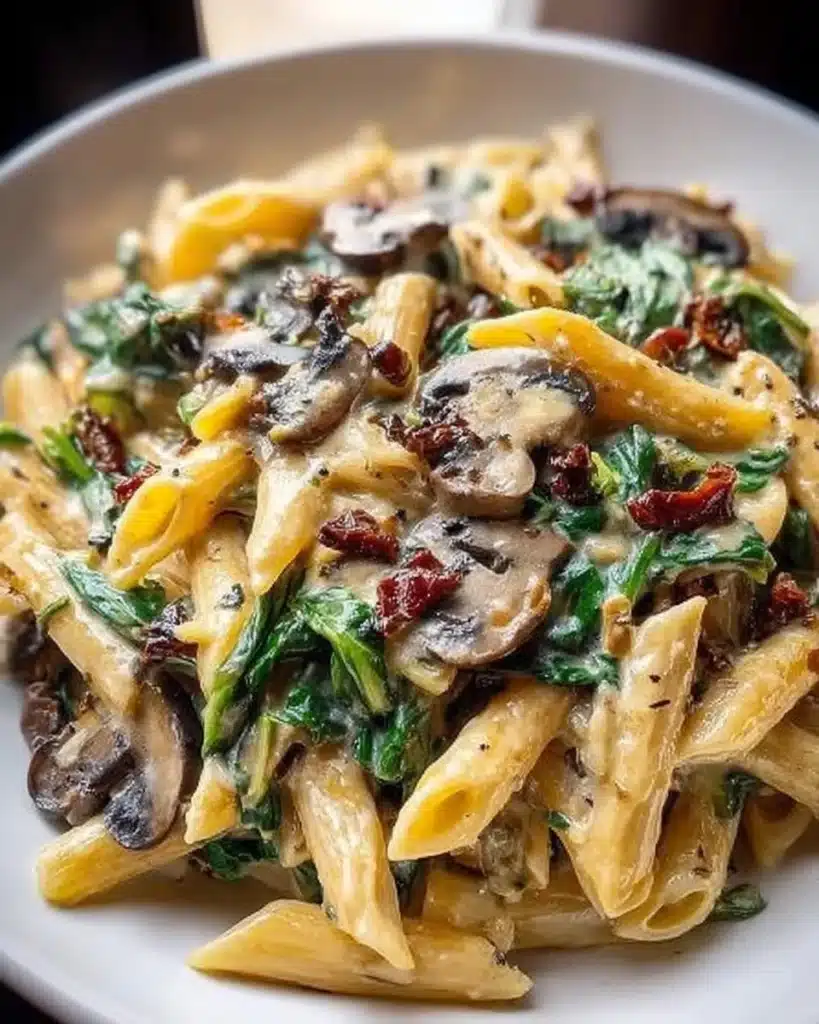 Delicious Tuscan Mushroom Pasta Skillet served in a rustic pan