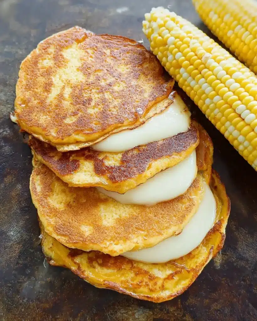 Venezuelan sweet corn cachapas served with cheese and meat