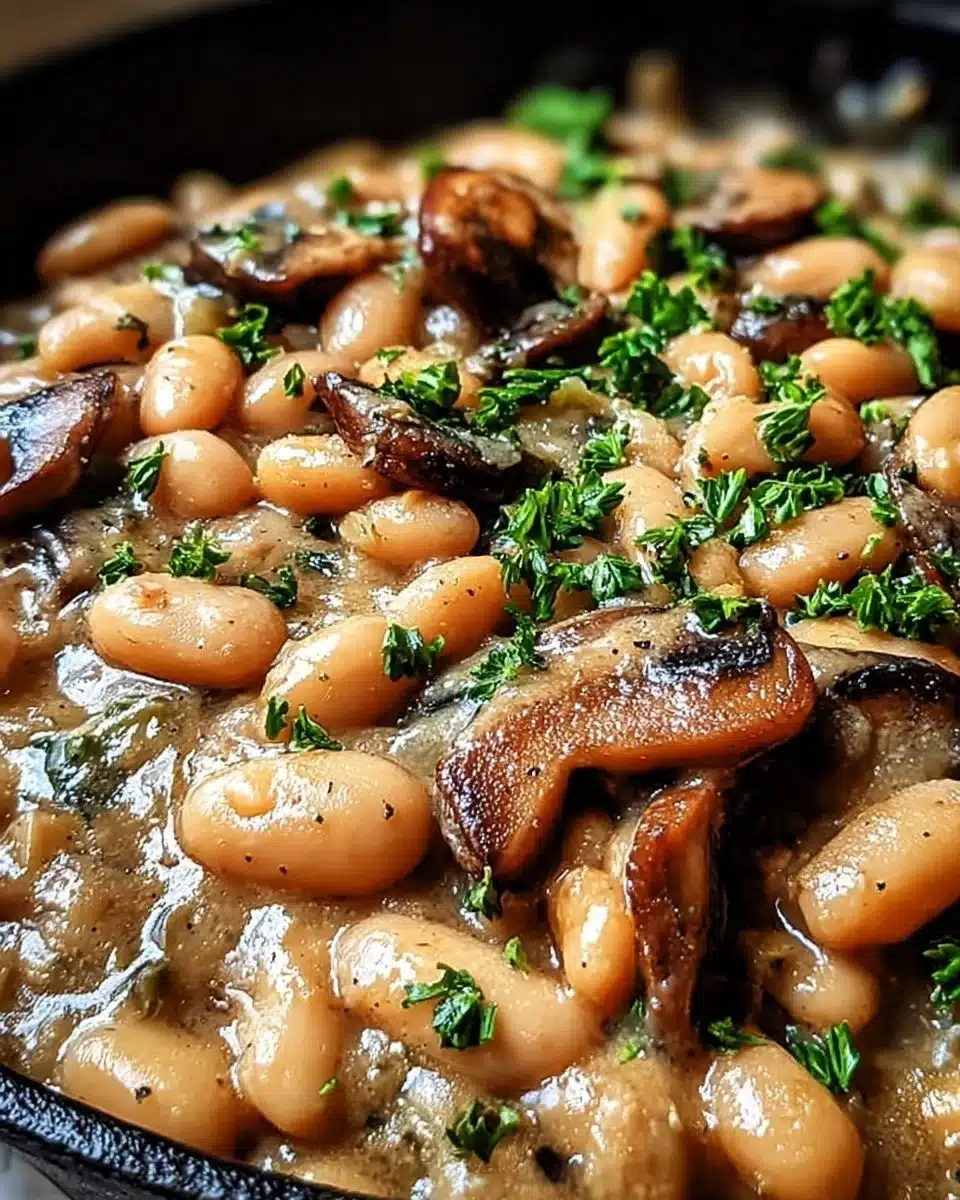 White Bean and Mushroom Skillet topped with fresh herbs in a cast iron pan