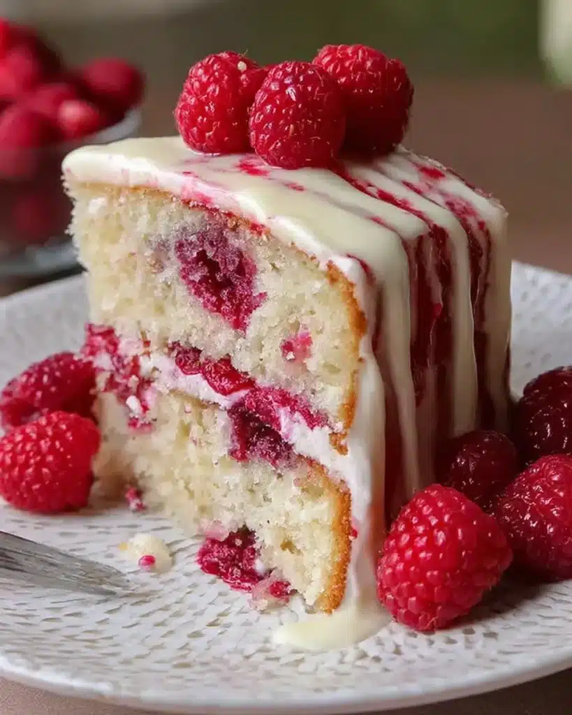 Delicious White Chocolate Raspberry Cake topped with fresh raspberries and white chocolate shavings.