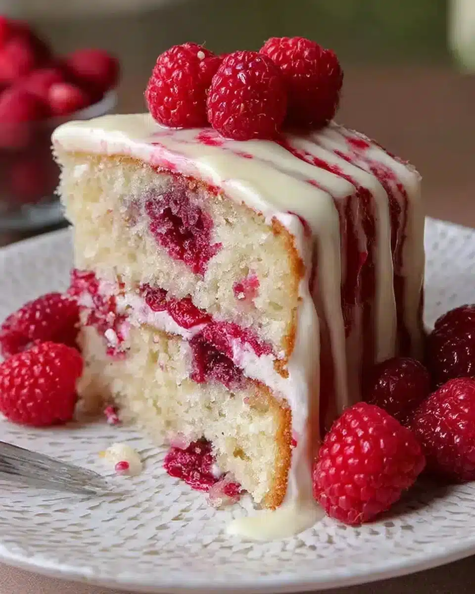 Delicious White Chocolate Raspberry Cake topped with fresh raspberries and white chocolate shavings.