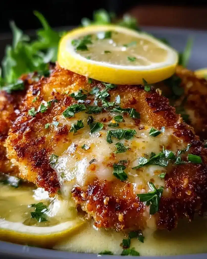 Crispy lemon pecorino chicken garnished with lemon slices and herbs