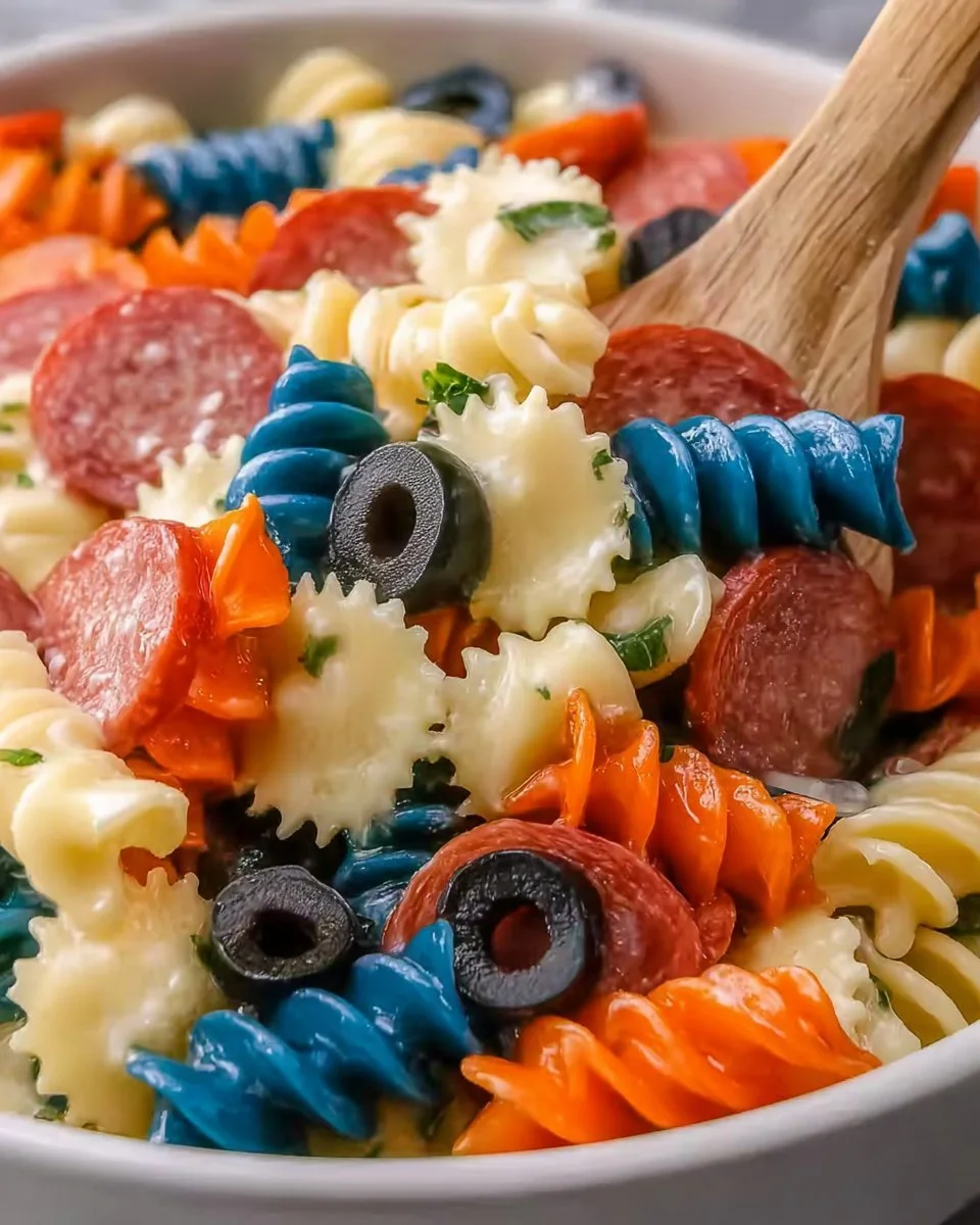 4th of July Pasta Salad with vibrant vegetables and dressing
