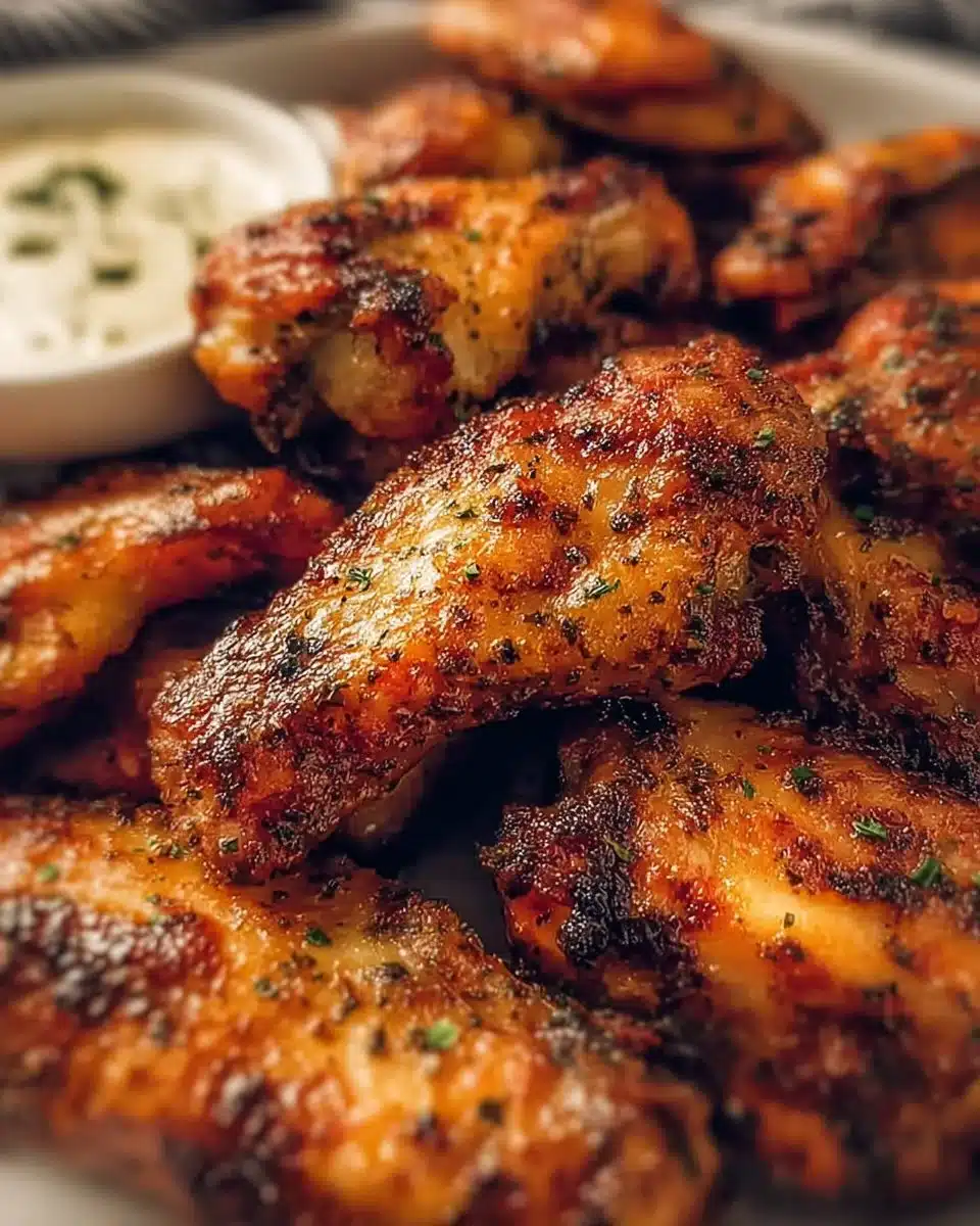 Crispy air fryer chicken wings garnished with herbs and spices