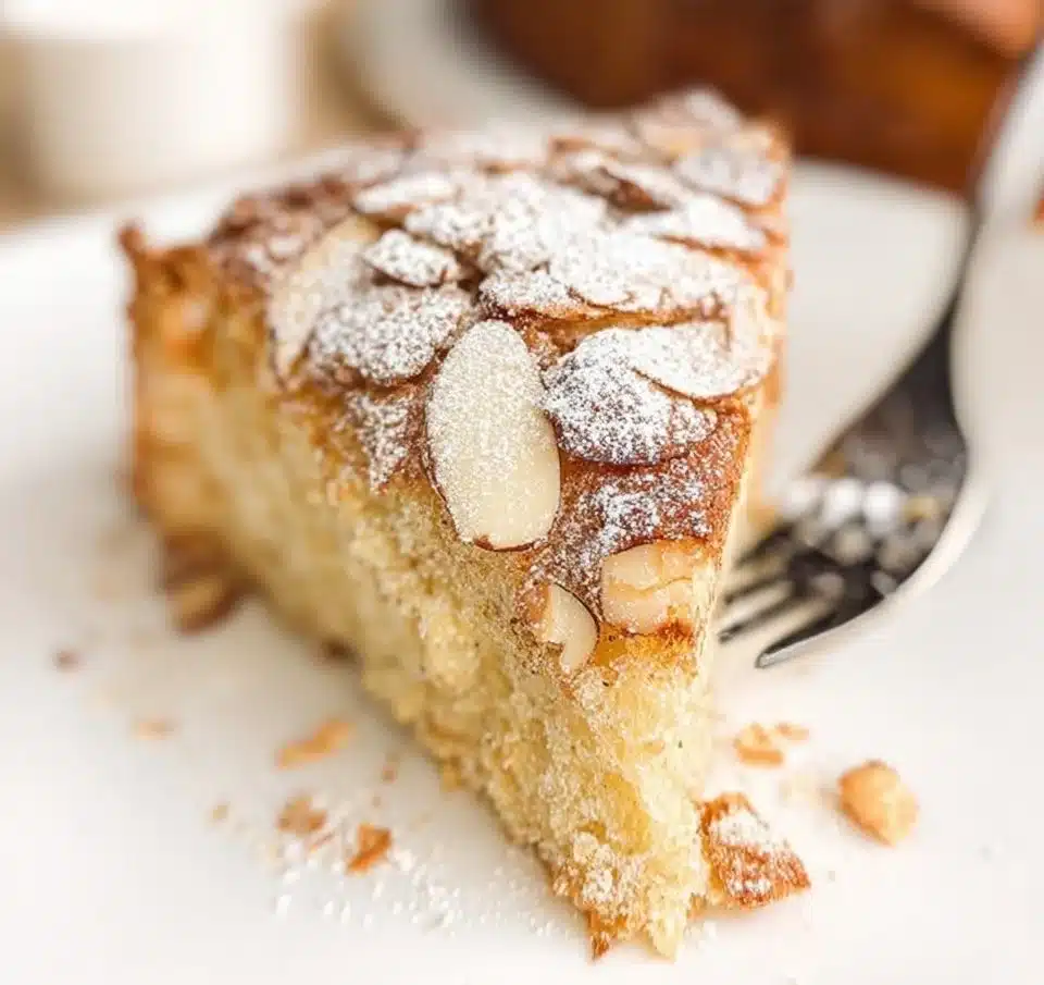 Delicious Almond Croissant Cake topped with almond slivers and icing sugar