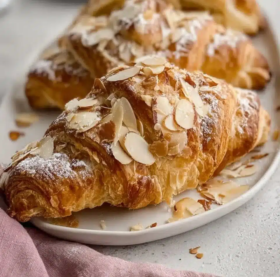 Freshly baked almond croissants with almond cream filling