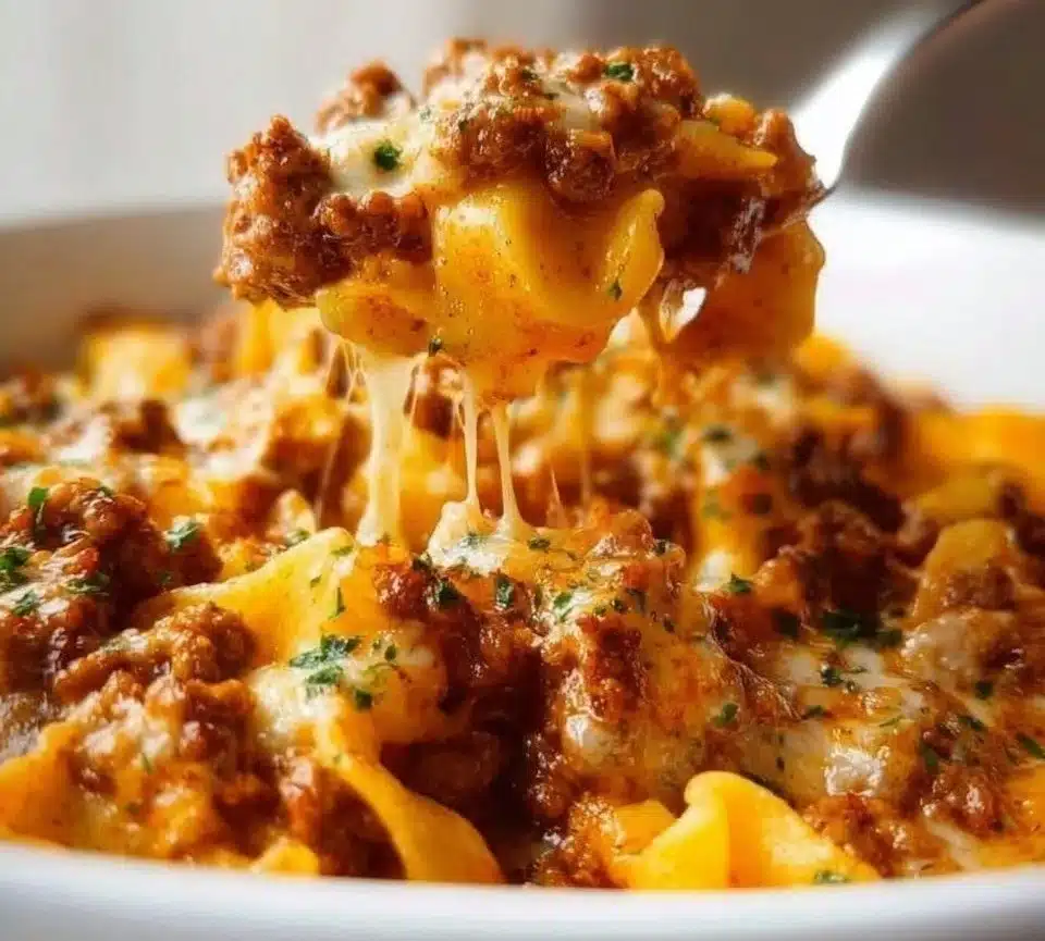 Delicious Amish Country Casserole topped with cheese and vegetables