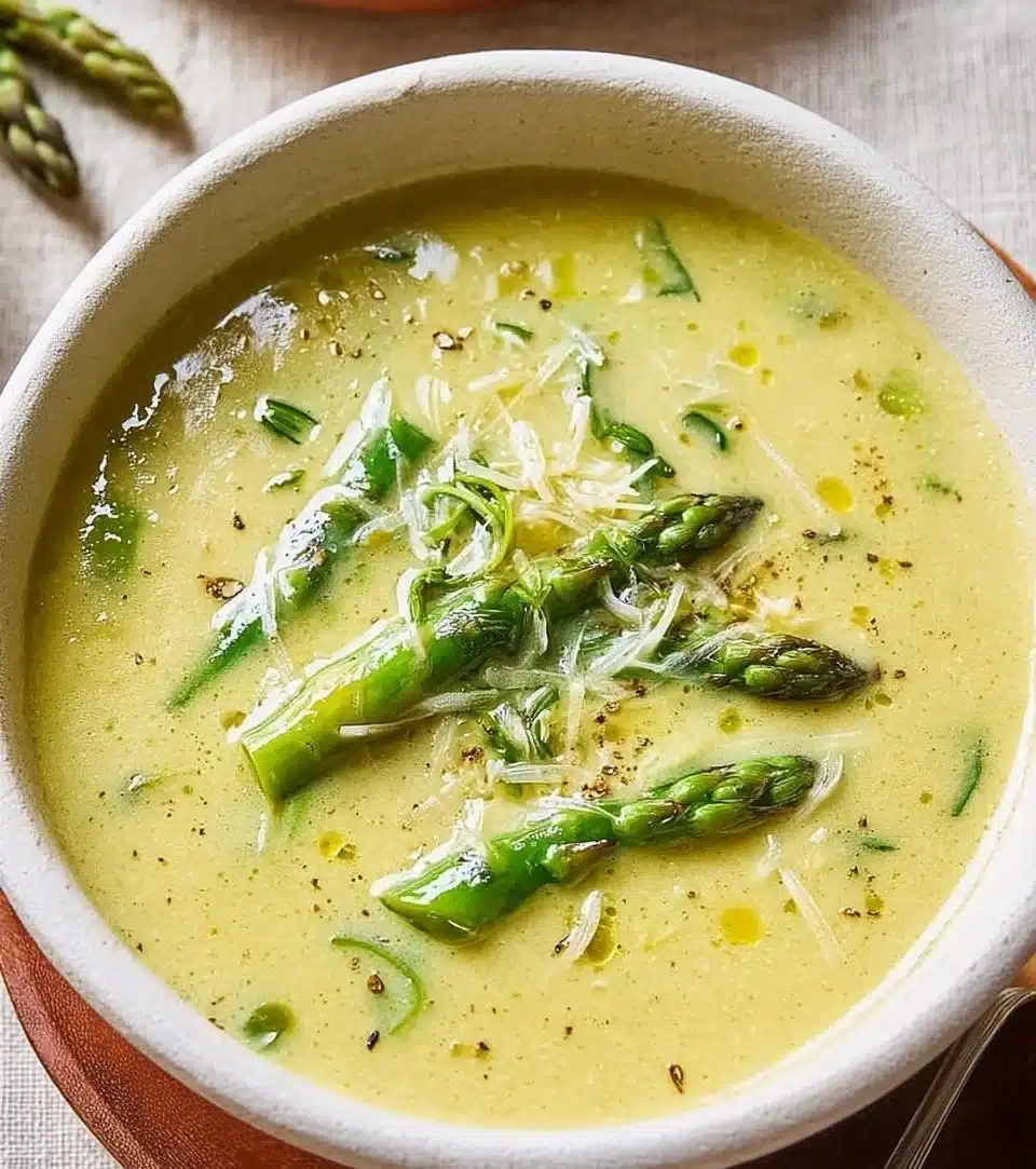 Creamy asparagus soup served in a bowl, garnished with fresh herbs.