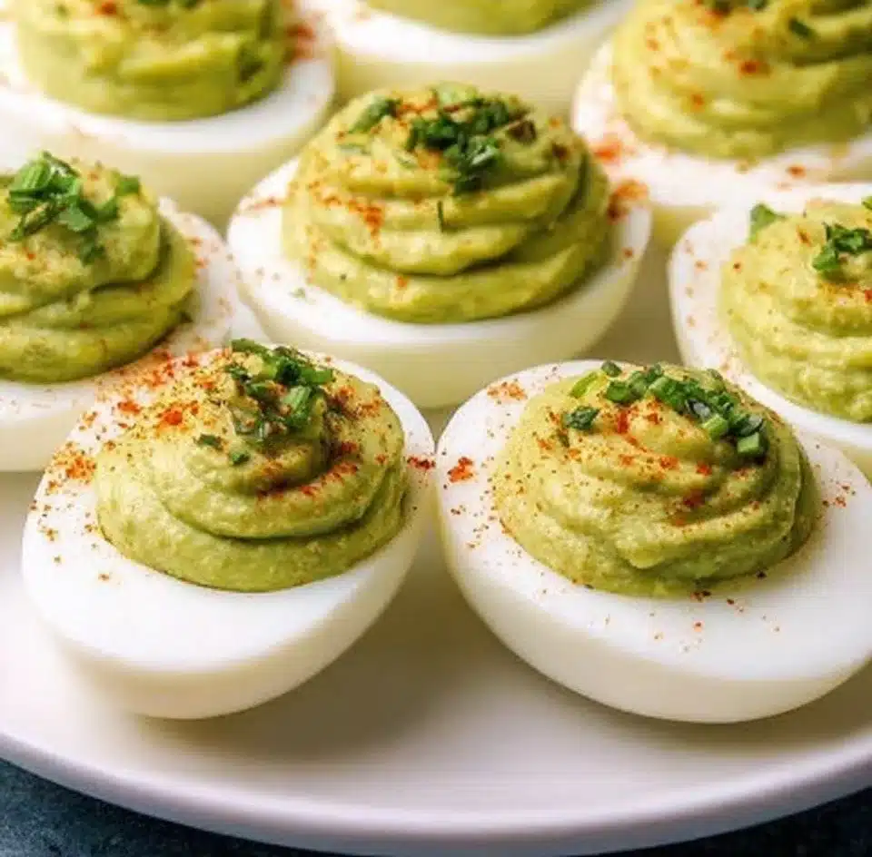 Delicious avocado deviled eggs garnished with herbs