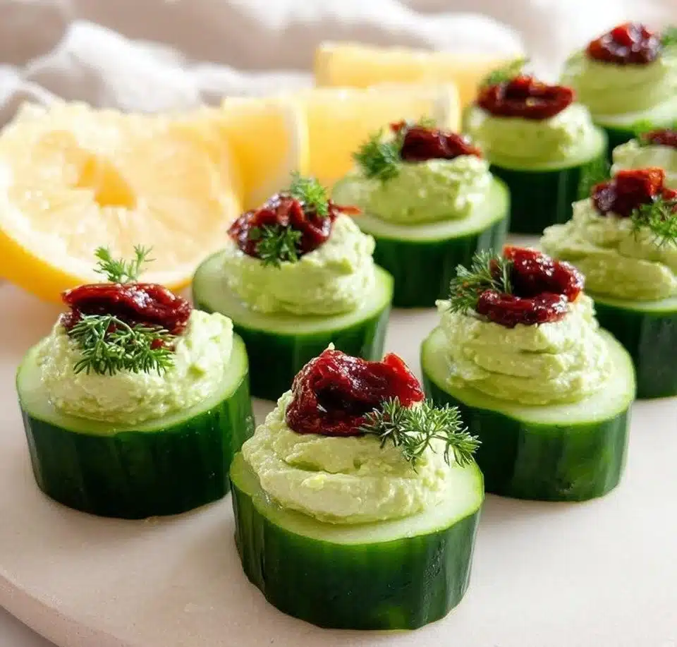 Avocado goat cheese cucumber appetizers on a platter