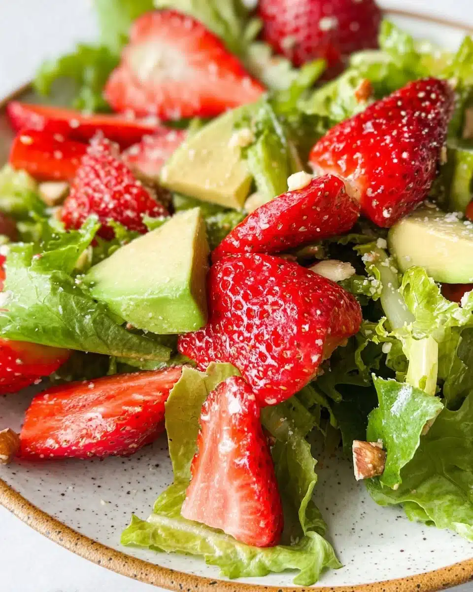 Fresh Avocado Strawberry Salad with greens and toppings