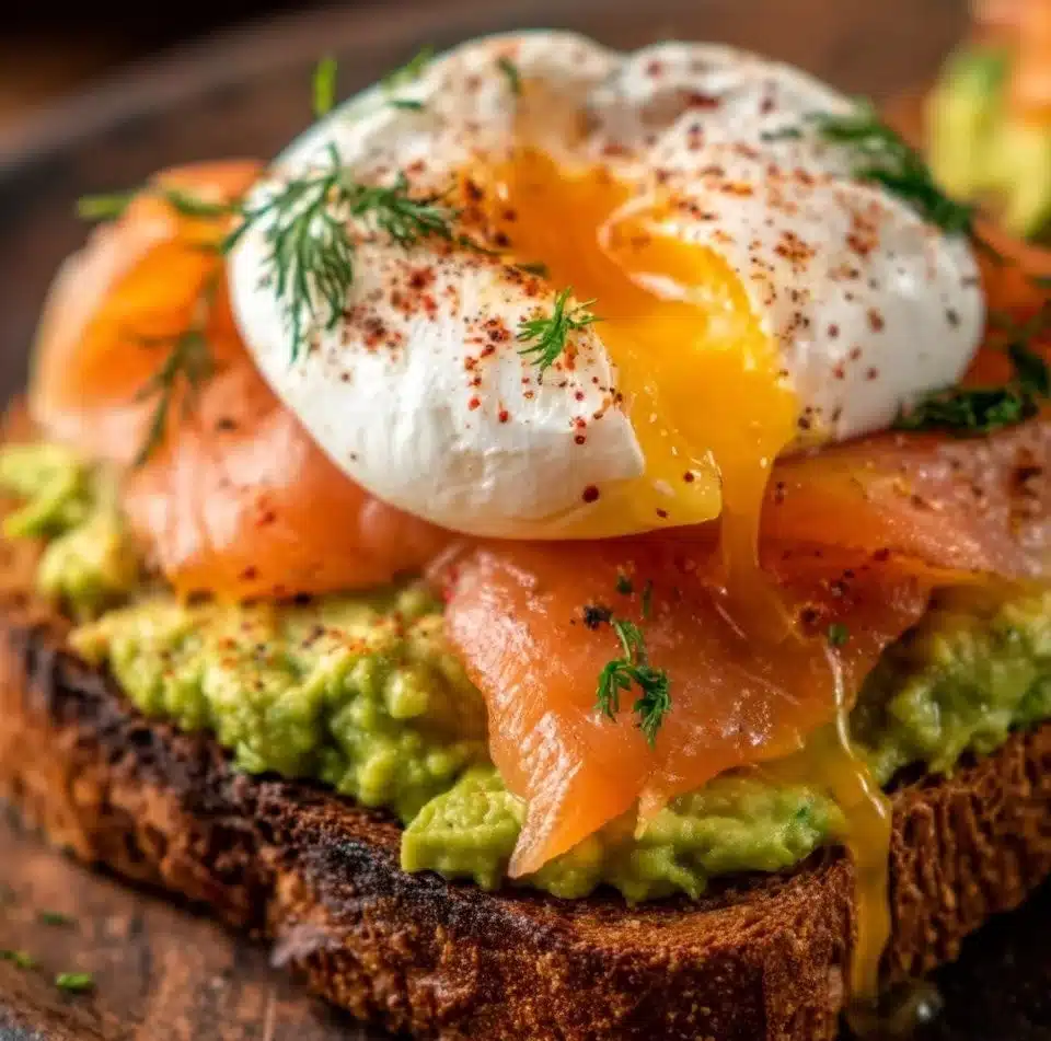 Avocado toast topped with a poached egg, served on a rustic plate.