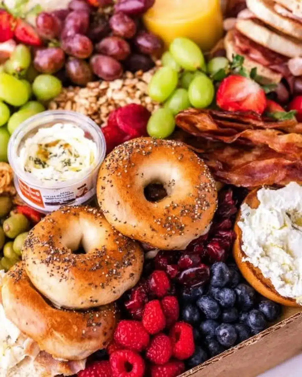 Colorful Bagel Breakfast Board with assorted bagels, cream cheese, and toppings.