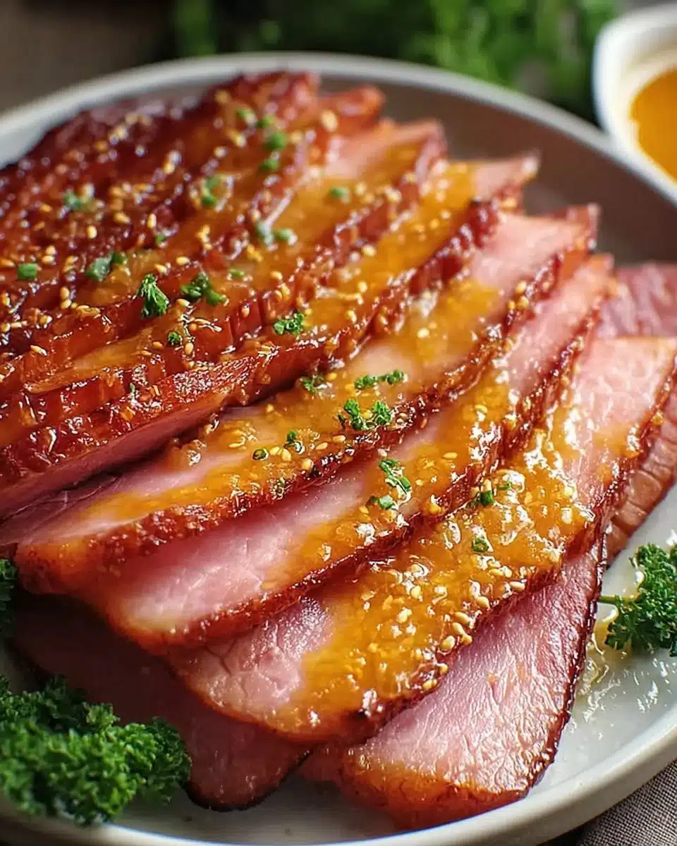 Baked honey ham slices garnished with herbs on a platter