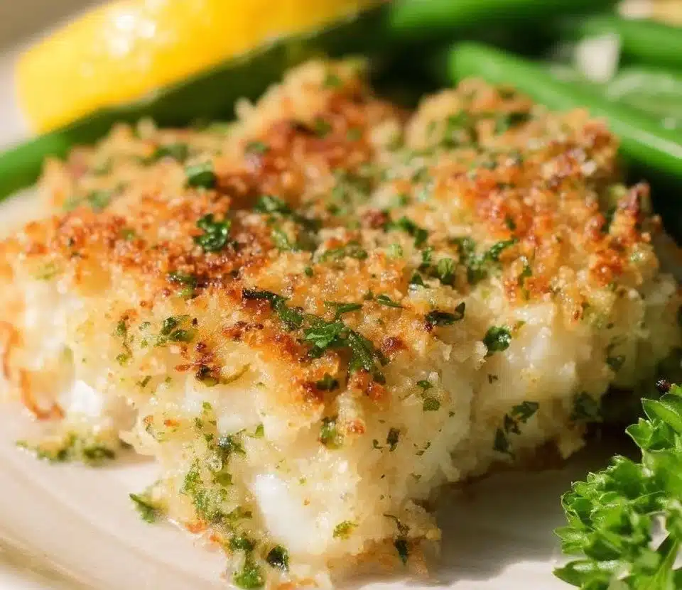 Baked Parmesan Crusted Cod with golden crust on a plate garnished with herbs