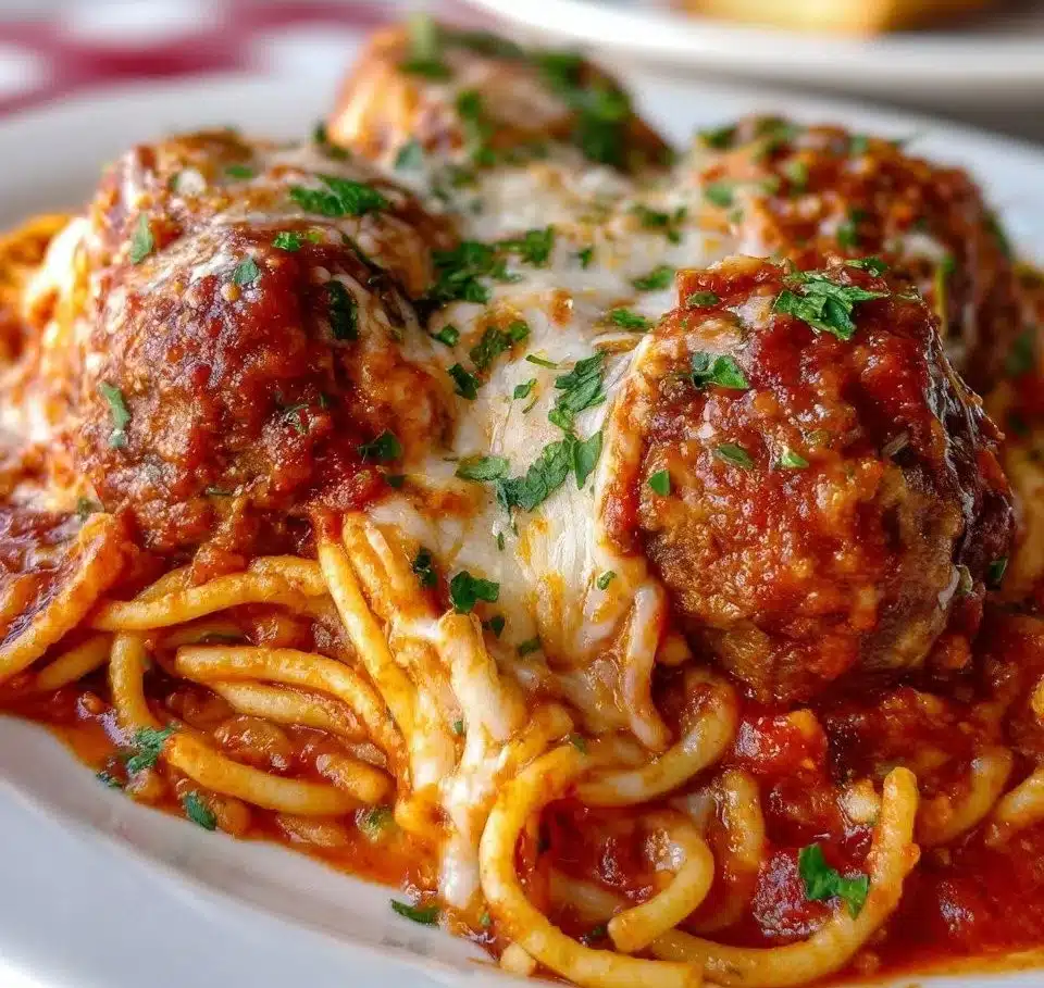 A delicious serving of baked spaghetti and meatballs topped with cheese.