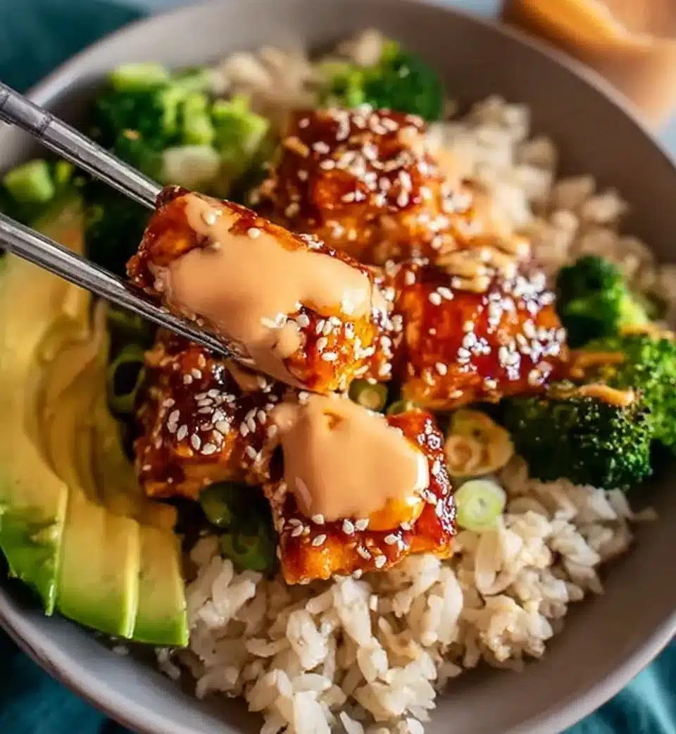 Bang Bang Salmon Rice Bowl with vibrant veggies and tasty sauce