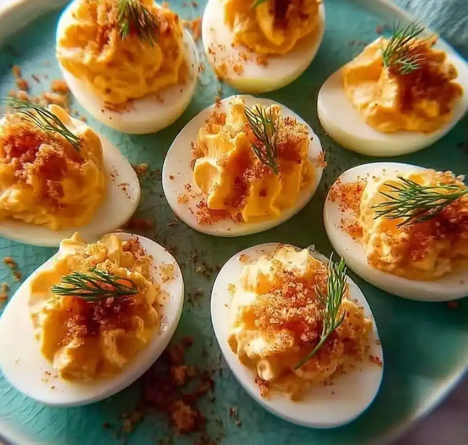 Delicious Bang Bang Shrimp Deviled Eggs garnished with spices and shrimp