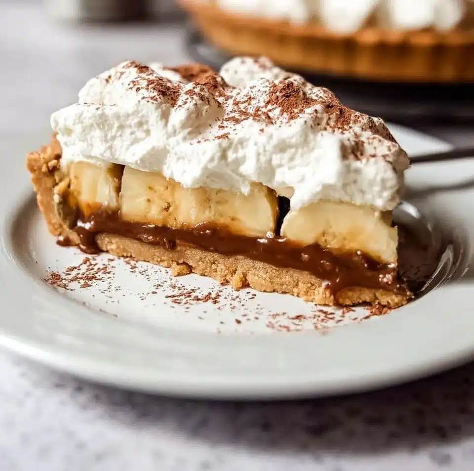 Delicious homemade Banoffee Pie with bananas, toffee, and whipped cream.
