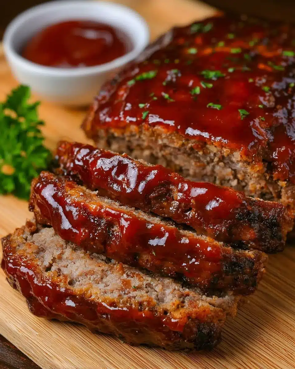 Delicious BBQ Meatloaf served with a side of barbecue sauce and garnished.