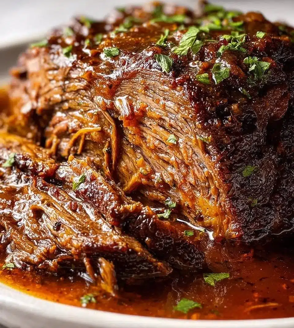 Delicious beef brisket served with savory gravy on a plate.