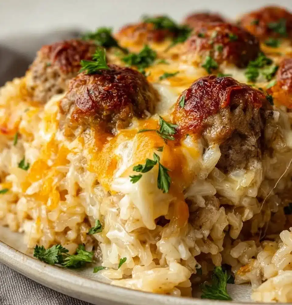 Delicious Beef Meatball Rice Bake served in a casserole dish