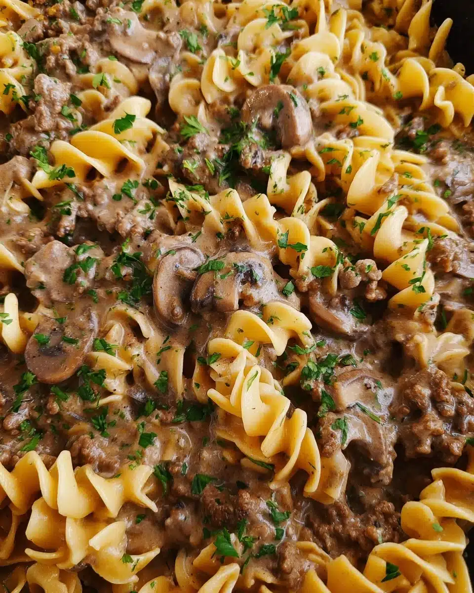 Beef Stroganoff Casserole served in a baking dish