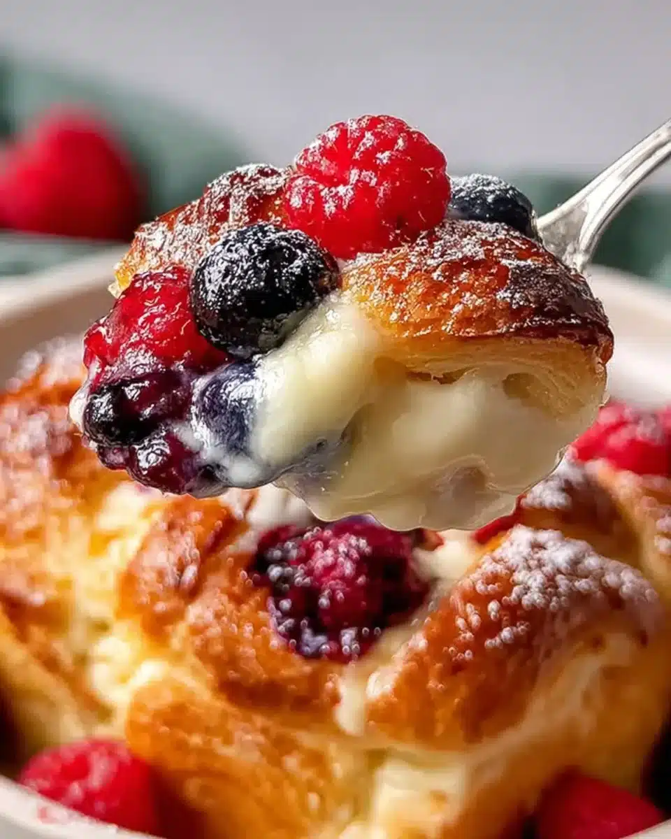 Delicious Berry Croissant Bake topped with fresh berries and a golden crust