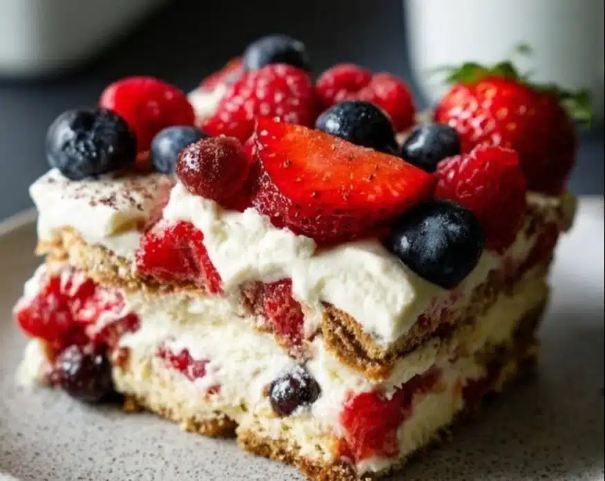 Delicious Berry Tiramisu with layers of mascarpone and fresh berries