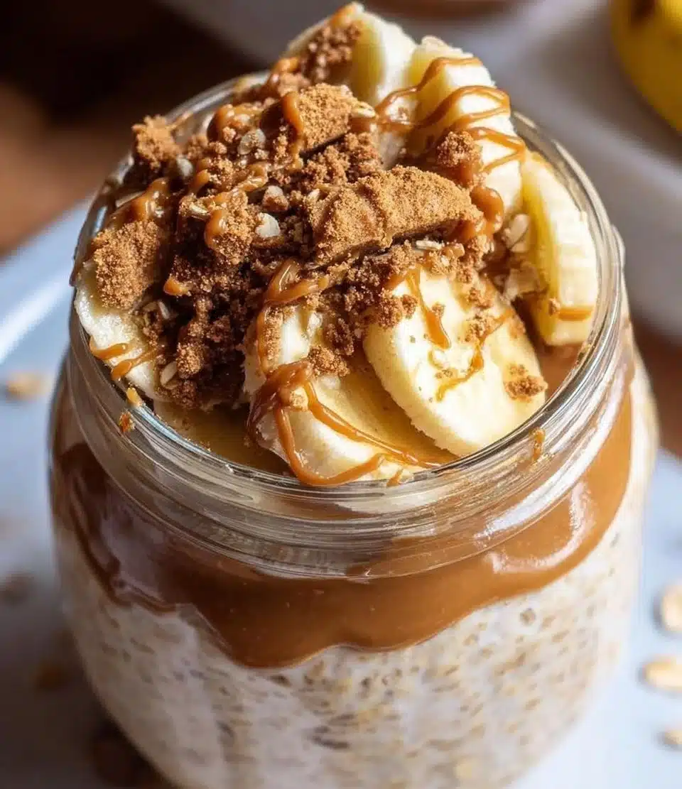 Biscoff Overnight Oats in a jar with a spoon, topped with Biscoff spread and crumbs.