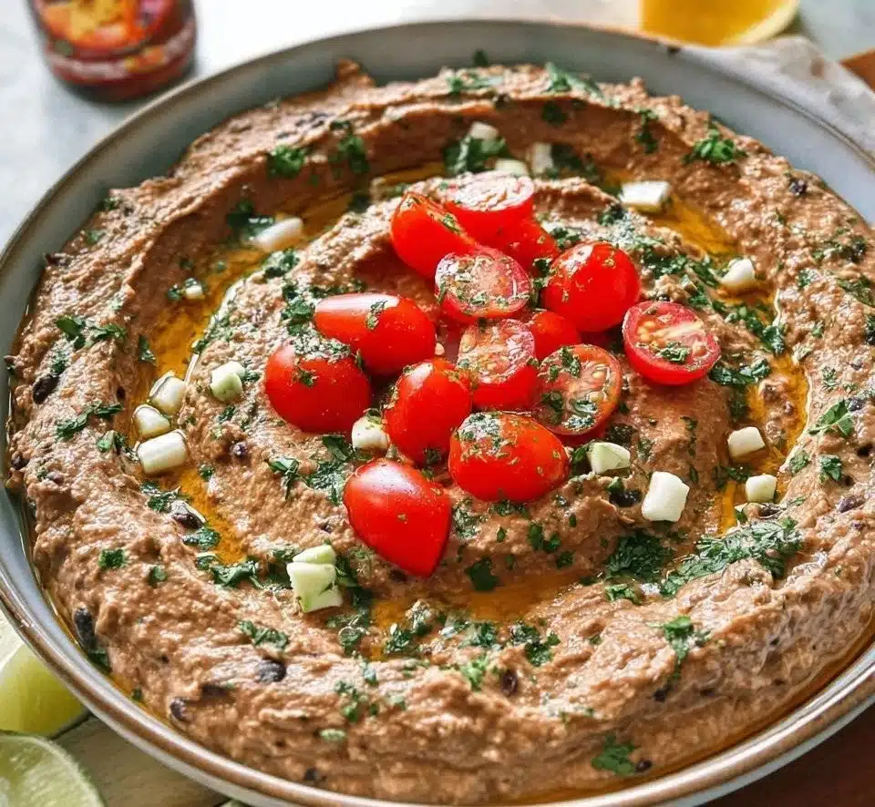 Bowl of creamy black bean hummus served with fresh vegetables and pita chips.