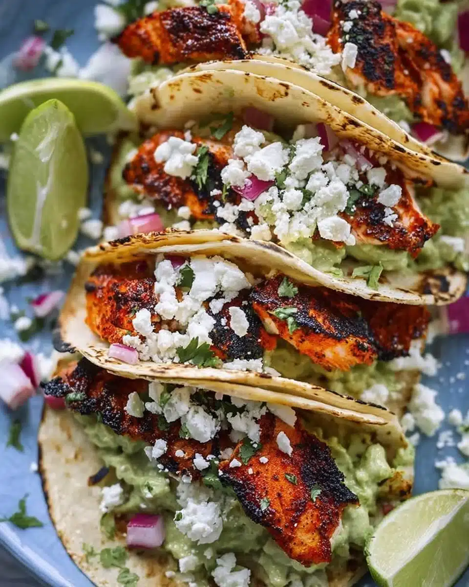Delicious blackened fish tacos with fresh toppings and lime