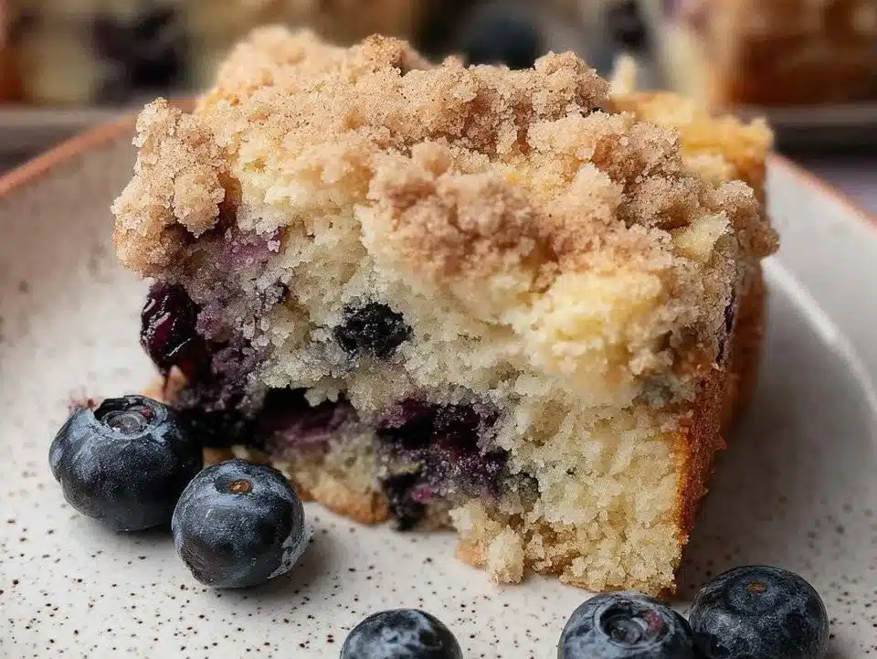 Slice of Blueberry Buckle Coffee Cake on a plate with fresh blueberries