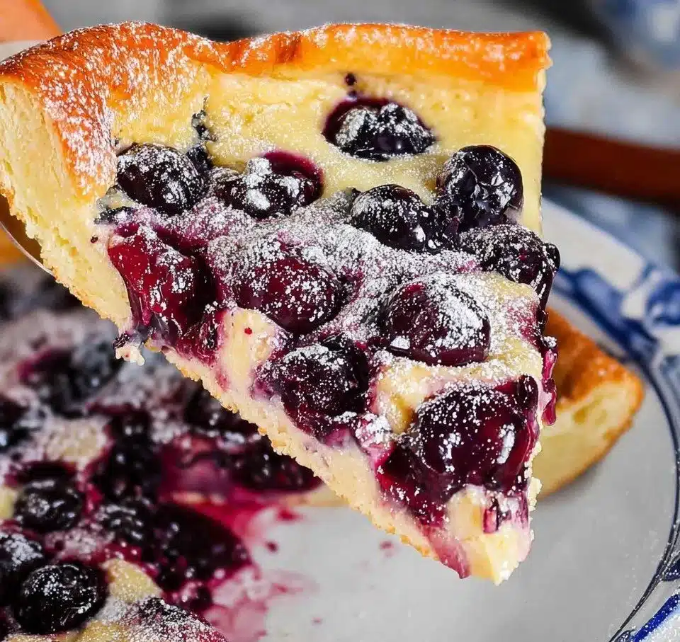 Delicious blueberry cherry clafoutis served on a plate with fresh berries.