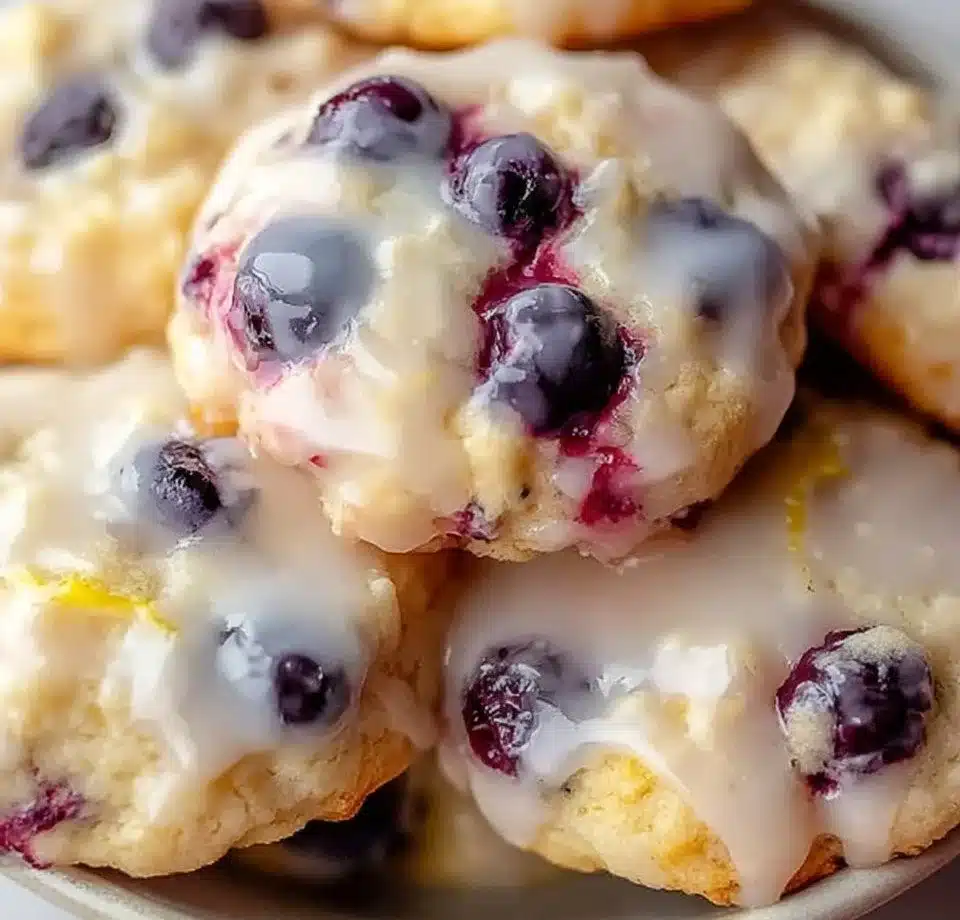 Delicious blueberry cookies drizzled with lemon glaze on a wooden plate