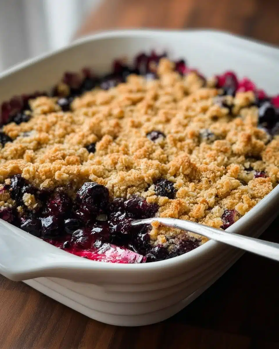 Delicious homemade blueberry crisp dessert served in a bowl with fresh blueberries.