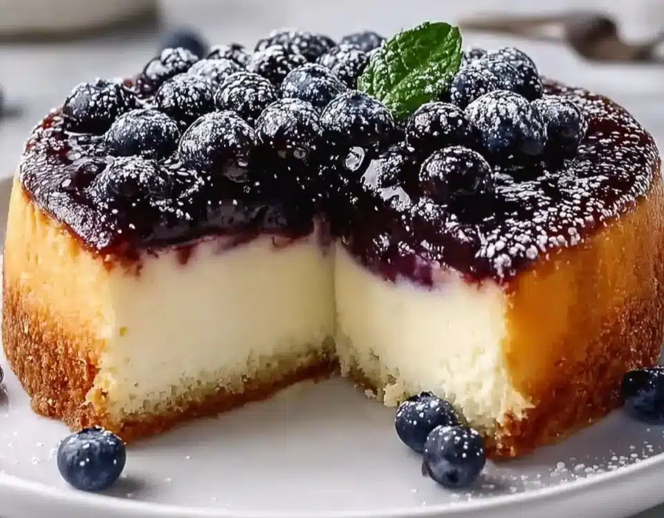 Blueberry Ricotta Pudding Cake topped with fresh blueberries and creamy ricotta