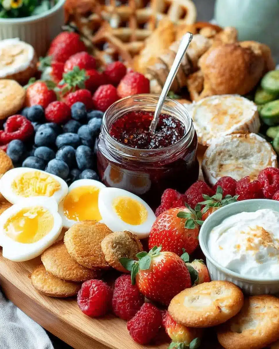 A beautiful Breakfast Charcuterie Board featuring fruits, meats, and cheeses for brunch.