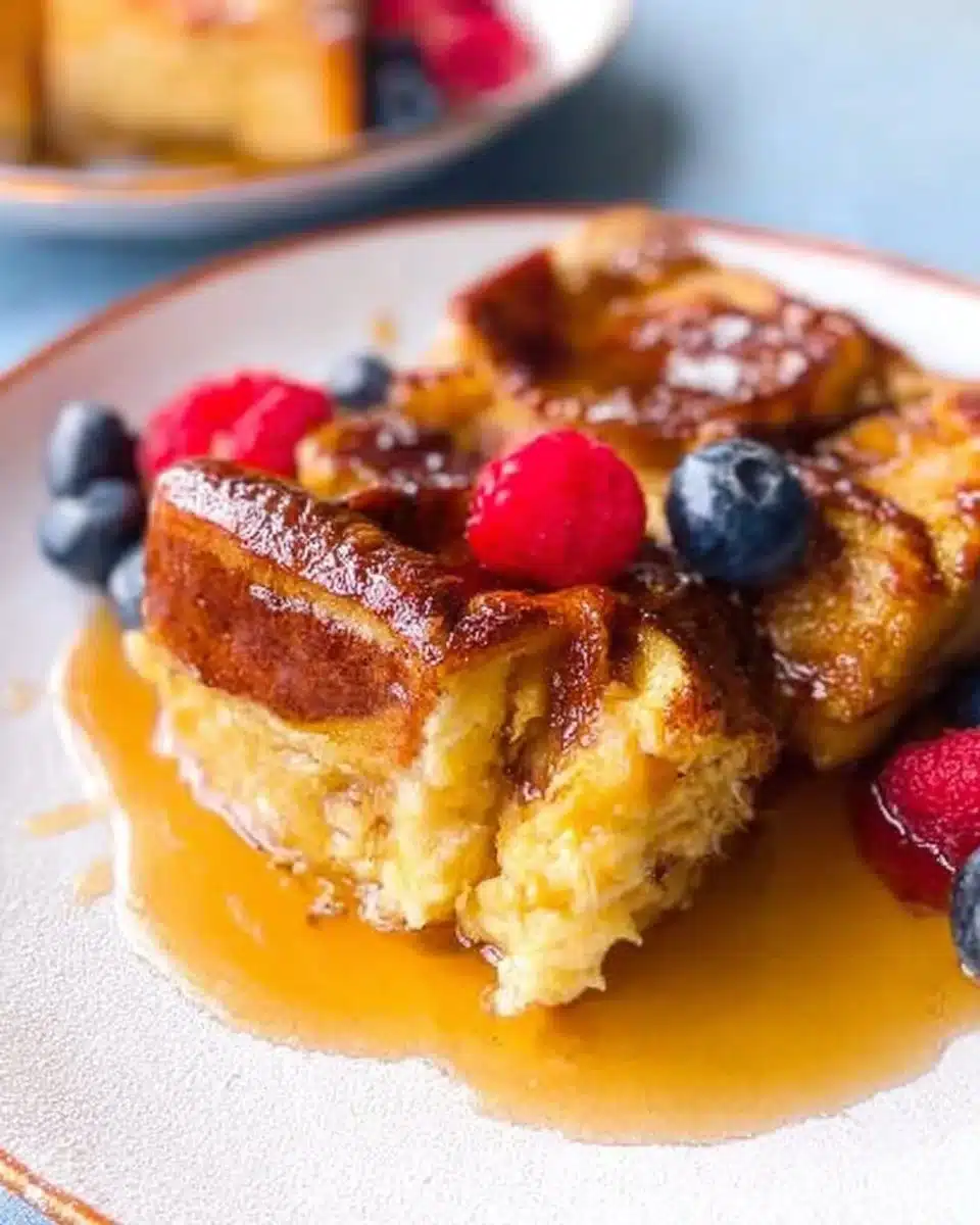 Brioche French Toast Casserole topped with fresh berries and syrup