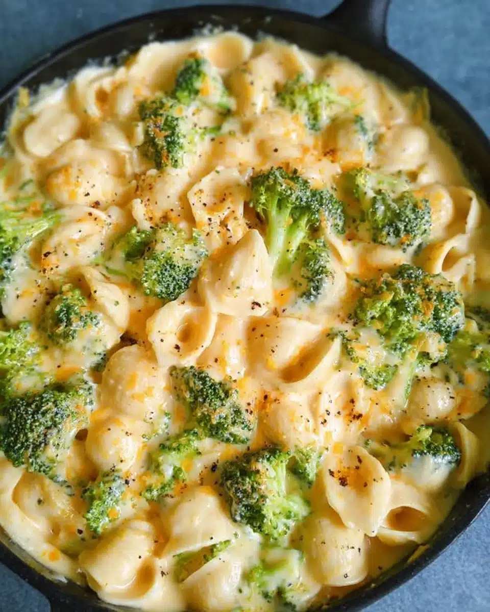 Bowl of Broccoli Mac and Cheese topped with cheese and fresh broccoli